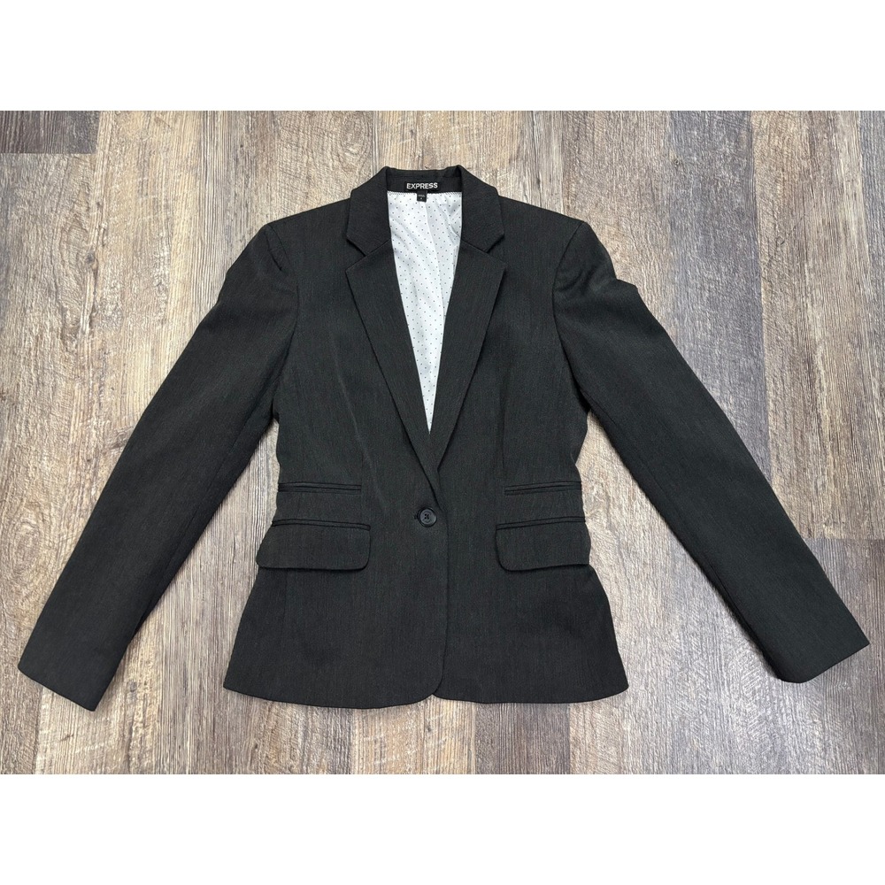 Express Womens Charcoal Gray One Button Blazer Polka Dot Lining Size 4
